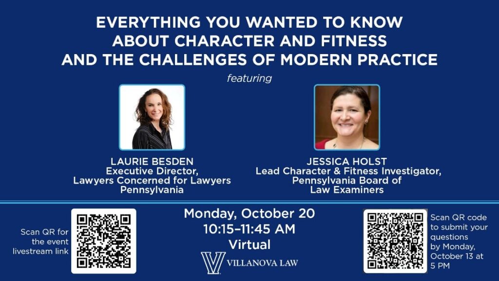A flyer with details for the virtual event in English, pictures of the featured speakers, and QR codes to access the livestream link and the form to submit questions before the event.