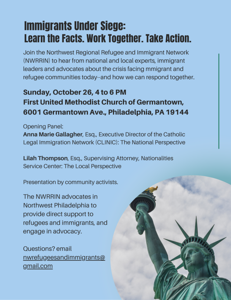 A flyer advertising the event, with details on the event in English, contact information, and a picture of the Statue of Liberty.