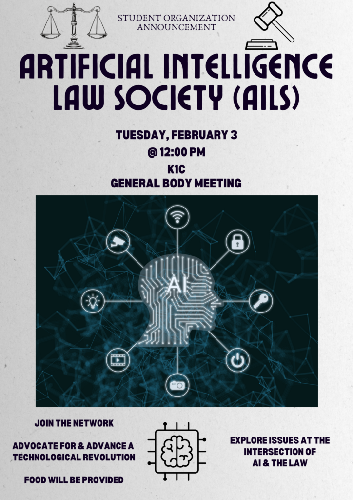 Flyer for Artificial Intelligence Law Society General Body Meeting, described below, featuring AI-themed graphics.