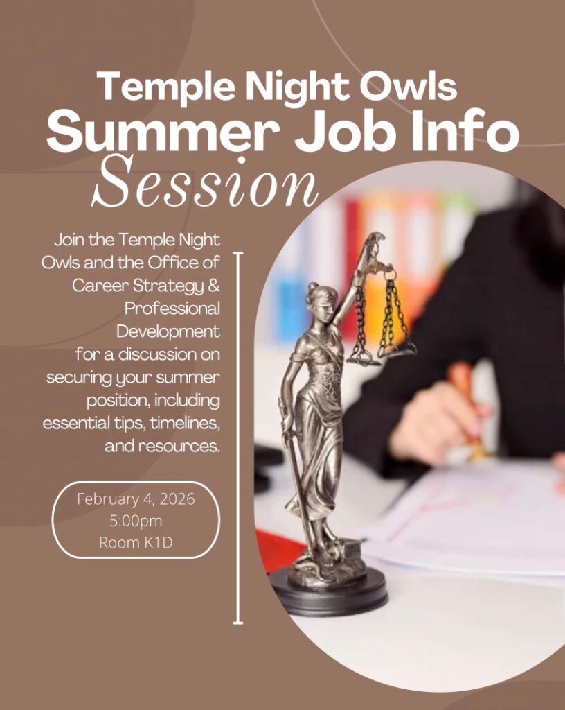Flyer for Temple Night Owls' Summer Job Info Session, described below, featuring Lady Justice statue.