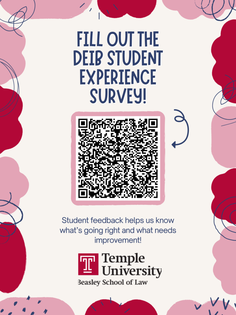 Flyer for the DEIB Student Experience Survey with a QR code and Temple University Beasley School of Law logo on a light beige background with pink and red decorations. Transcribed Text: FILL OUT THE DEIB STUDENT EXPERIENCE SURVEY! Student feedback helps us know what's going right and what needs improvement! Temple University Beasley School of Law.