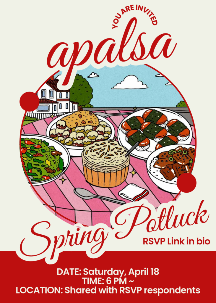 Invitation for a spring potluck with illustrated food on a picnic table. Transcribed Text: YOU ARE INVITED apalasa Spring Potluck RSVP Link in bio DATE: Saturday, April 18 TIME: 6 PM ~ LOCATION: Shared with RSVP respondents