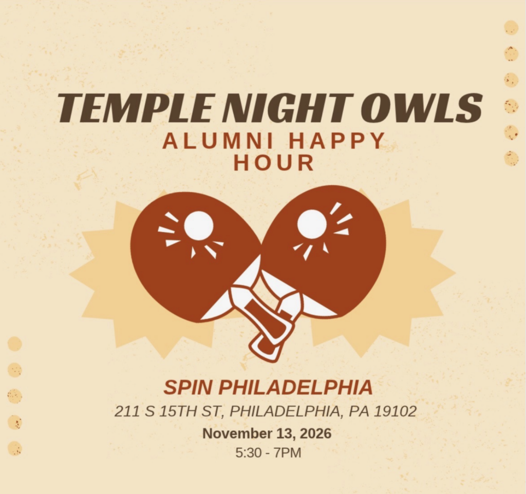 Flyer for the Temple Night Owls Alumni Happy Hour in Philadelphia, featuring two stylized brown owls and event details. Transcribed Text: TEMPLE NIGHT OWLS ALUMNI HAPPY HOUR SPIN PHILADELPHIA 211 S 15TH ST, PHILADELPHIA, PA 19102 November 13, 2026 5:30 - 7PM