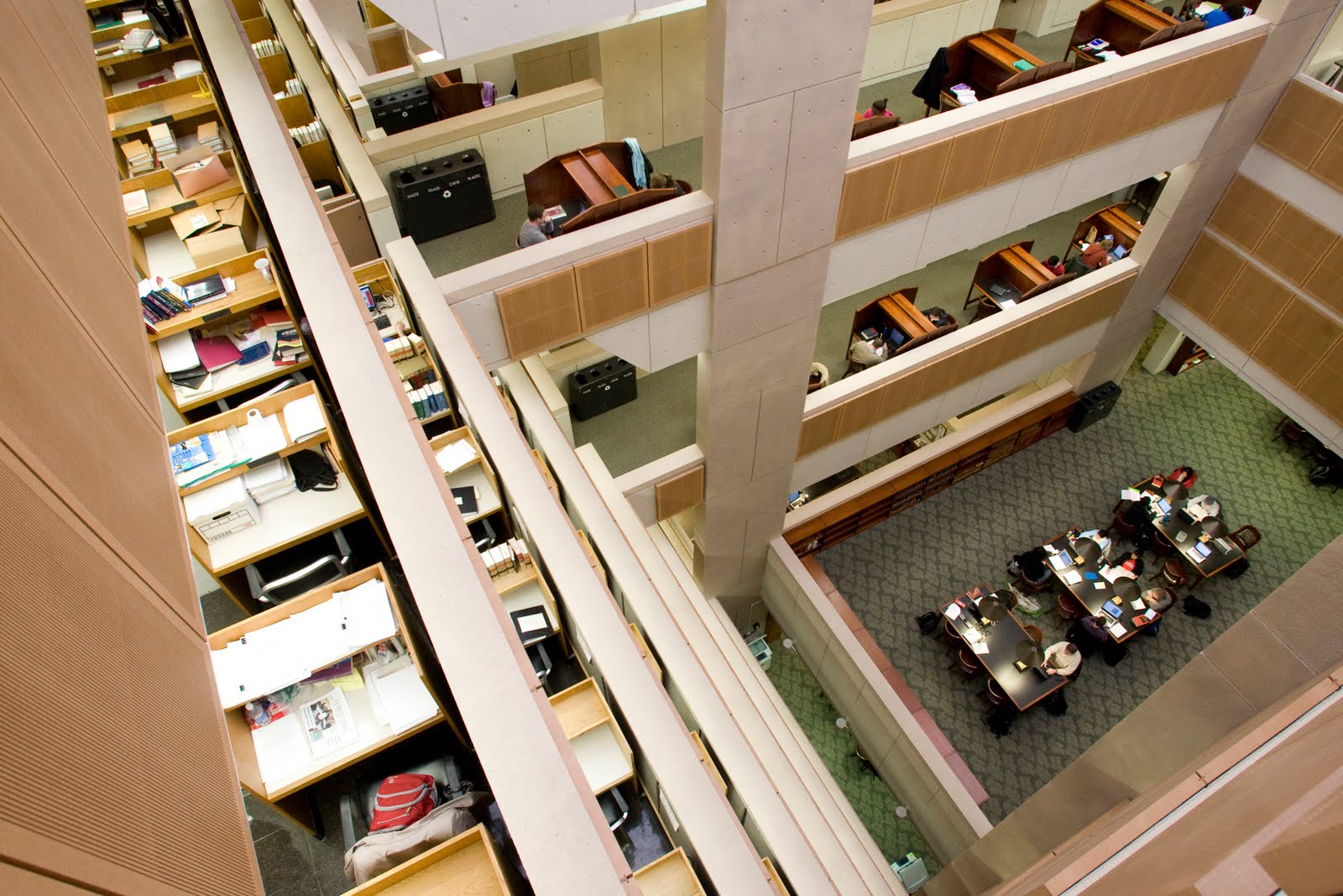 Law library in Klein Hall from the view point of the top floor looking down.